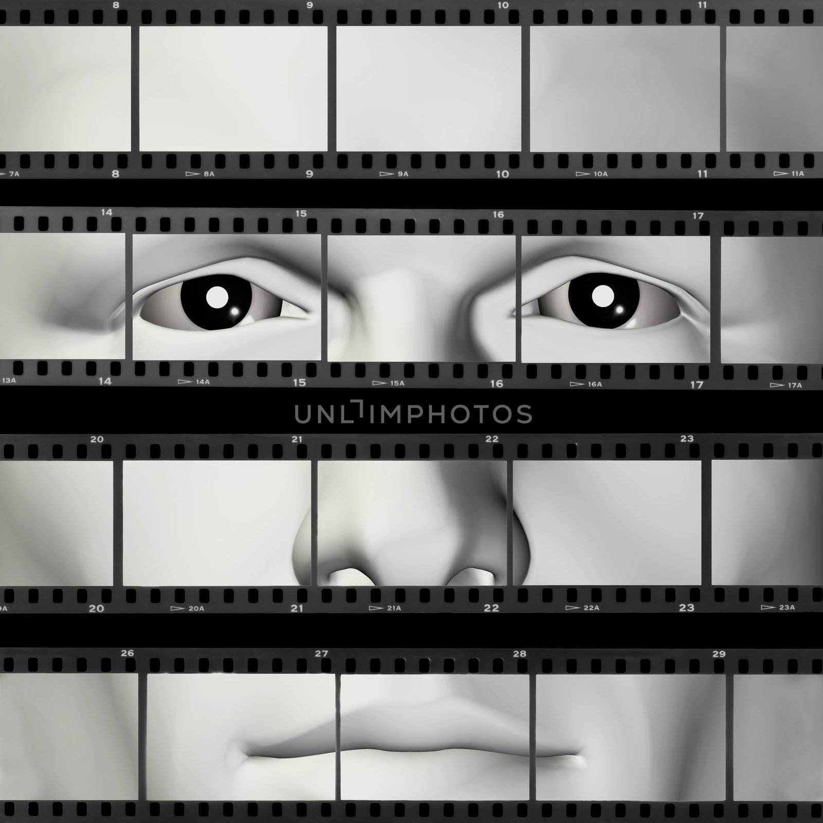 Man portrait on contact sheet filmstrip photo background. 3d illustration. 