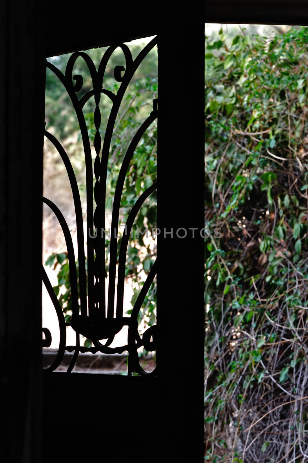 Open door with vintage metalwork motif in dark abandoned house.