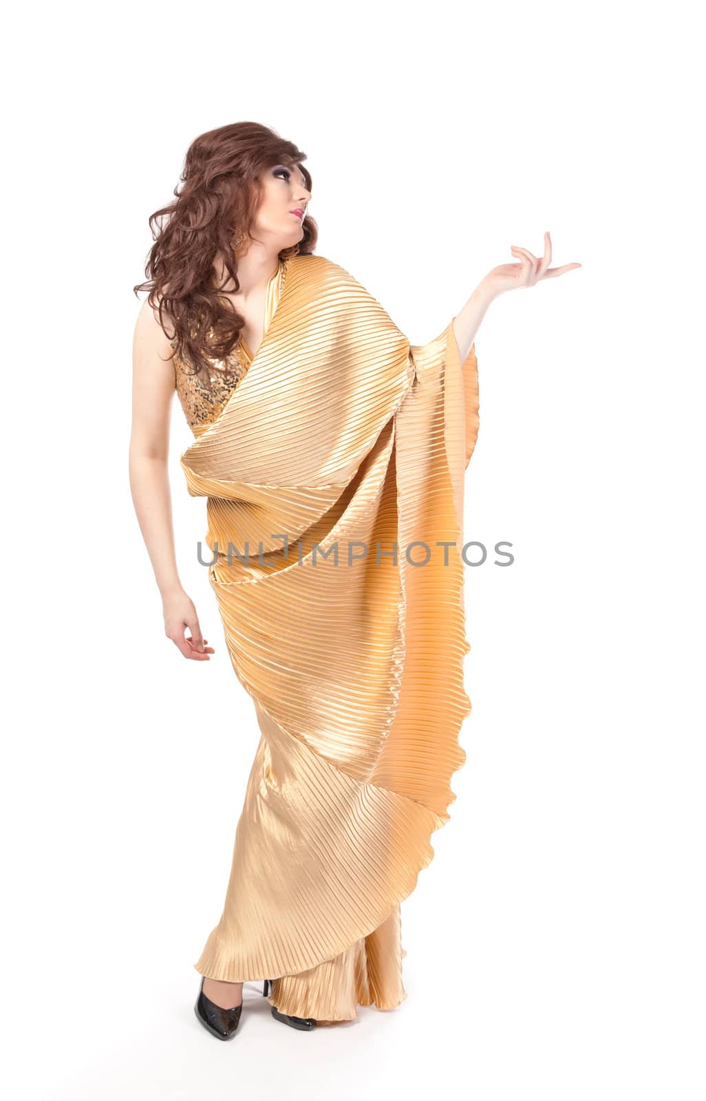 Full length portrait of drag queen. Man dressed as Woman, isolated on white background