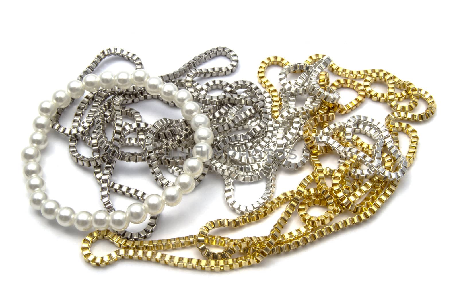 Beautiful diffiernet necklaces on white background