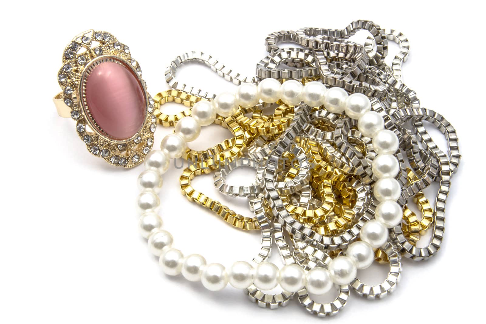 Beautiful diffiernet necklaces on white background