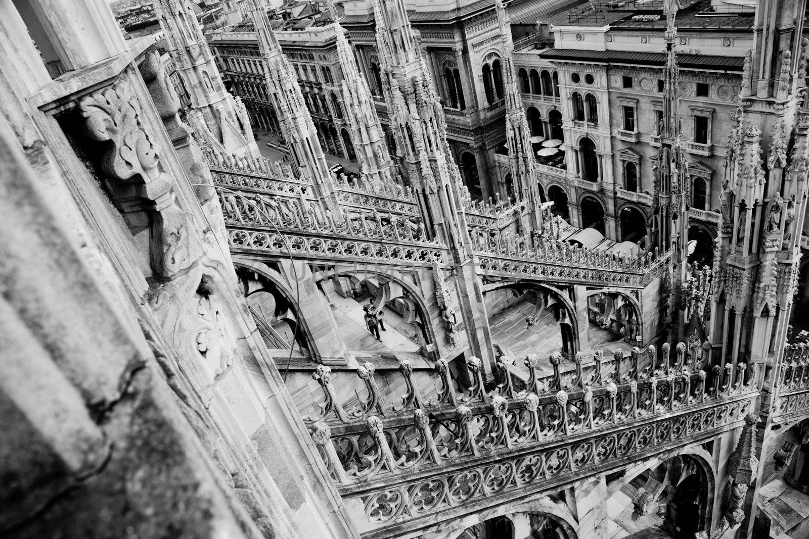 Architecture of Milan, Italy. View from Milan Cathedral. Black and white