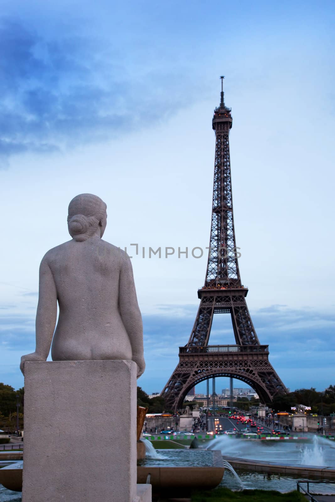 Eiffel Tower in Paris, Fance. Fountain and statue in Jardins du Trocadero