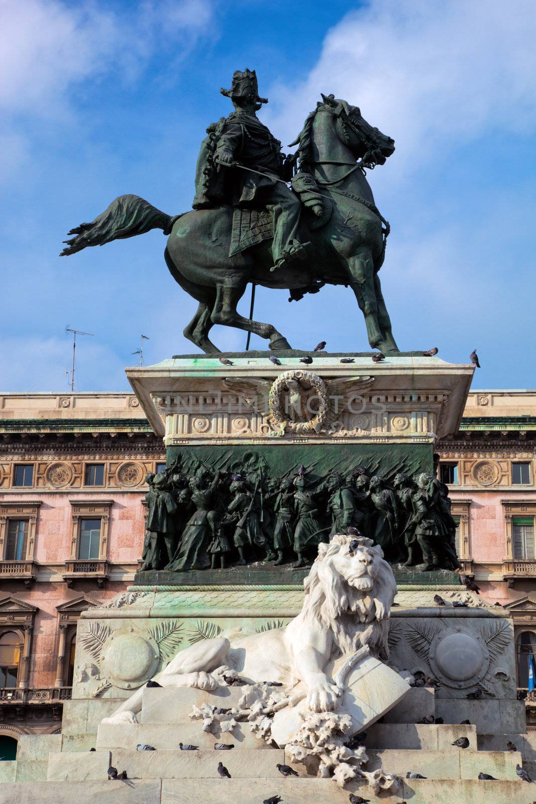Vittorio Emanuele II statue at Piazza del Duomo. Milan in Lombardy, Italy.