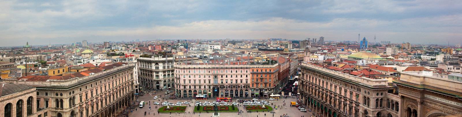 Milan, Italy panorama. View from Milan Cathedral on Piazza del Duomo.