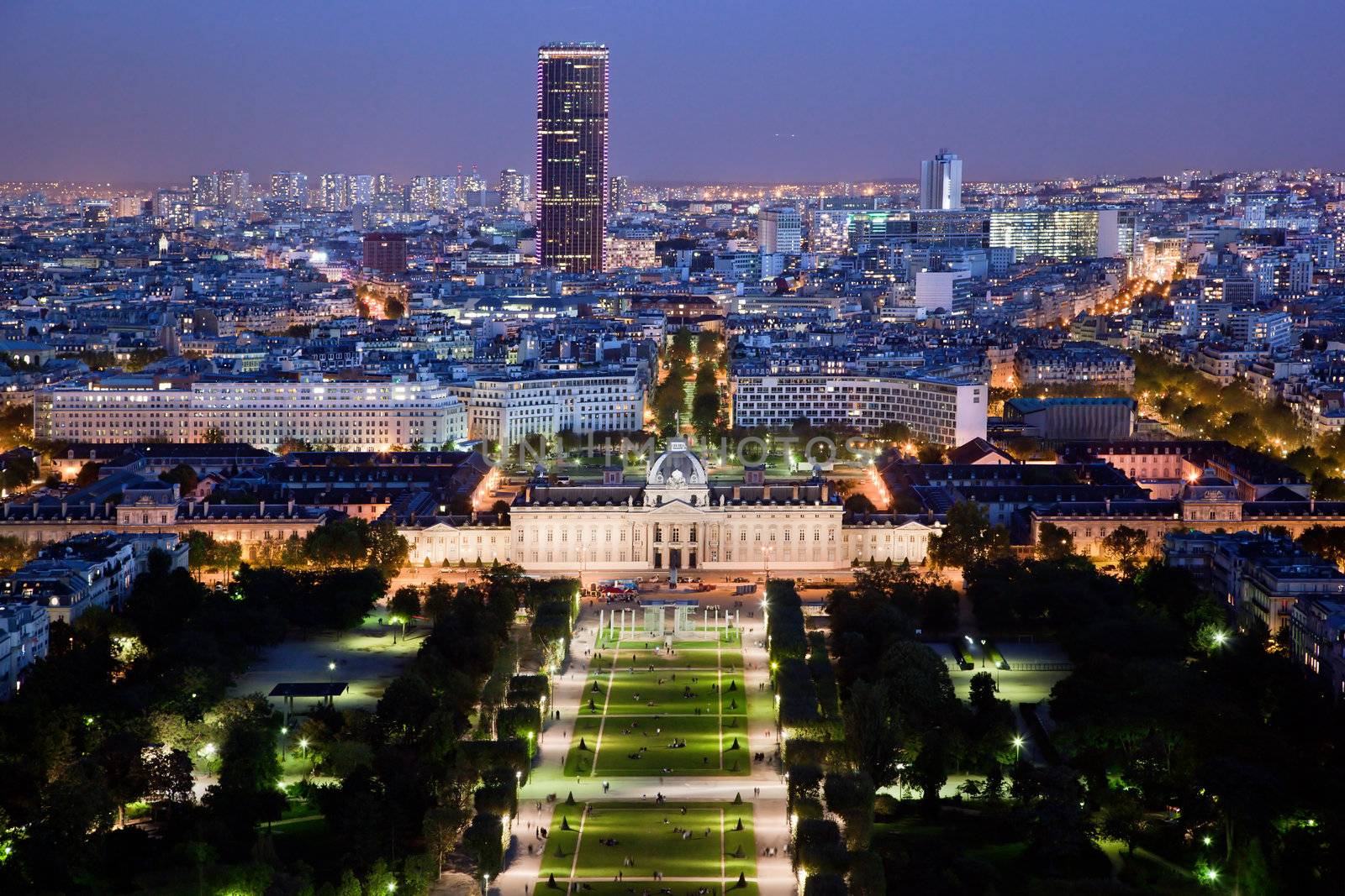 Paris panorama, France at night. View on Field of Mars and Montparnasse Tower from Eiffel Tower.