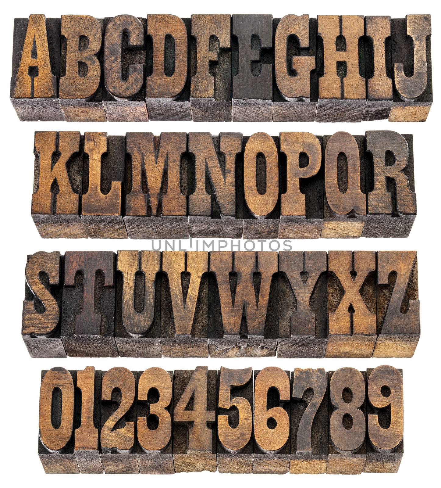 isolated rows of letters and numbers in vintage letterpress wood type blocks, French Clarendon font popular in western movies and memorabilia