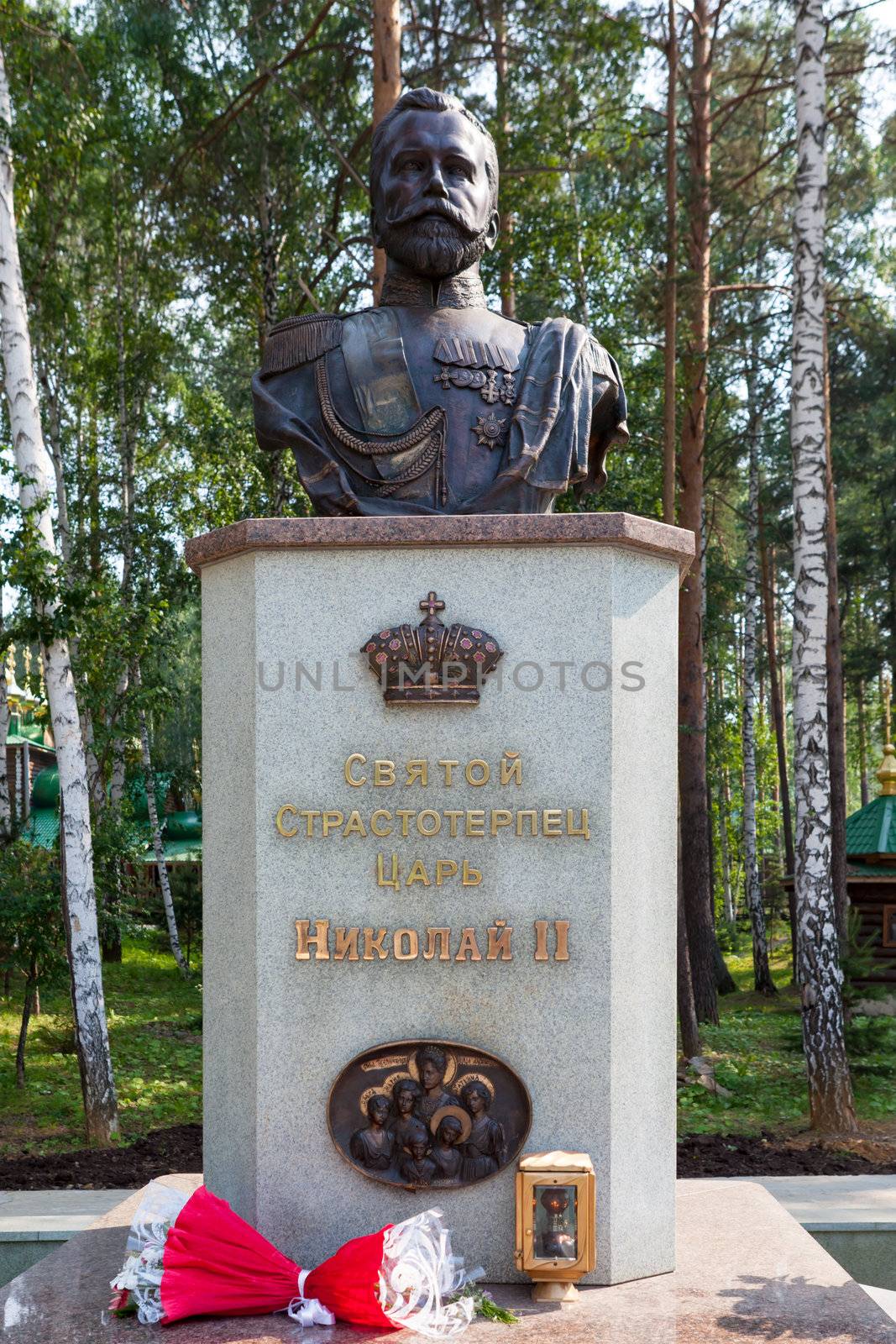 Monument to the last tsar of Russia Nikolay 2 in the monastery territory in honor of Sacred Regal Strastoterptsev on "Ganina Yame"
