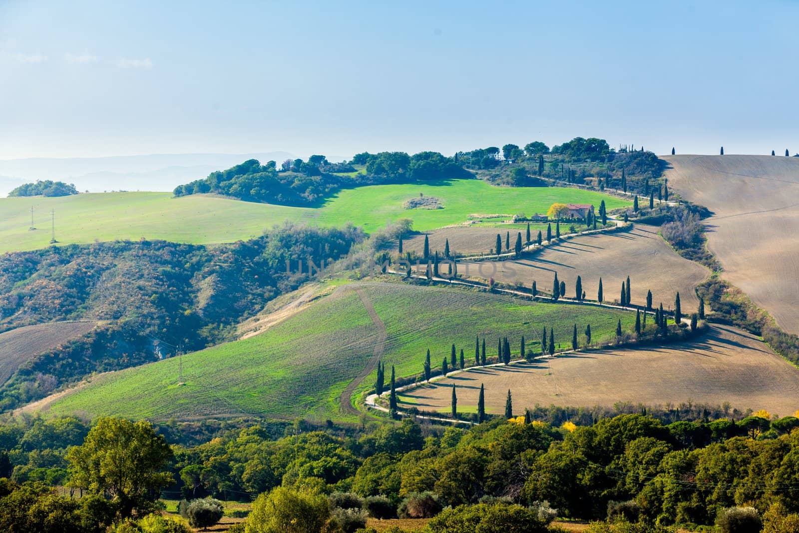 Typical beautiful Tuscan landscape-trees, grass, ski, villa. Italy