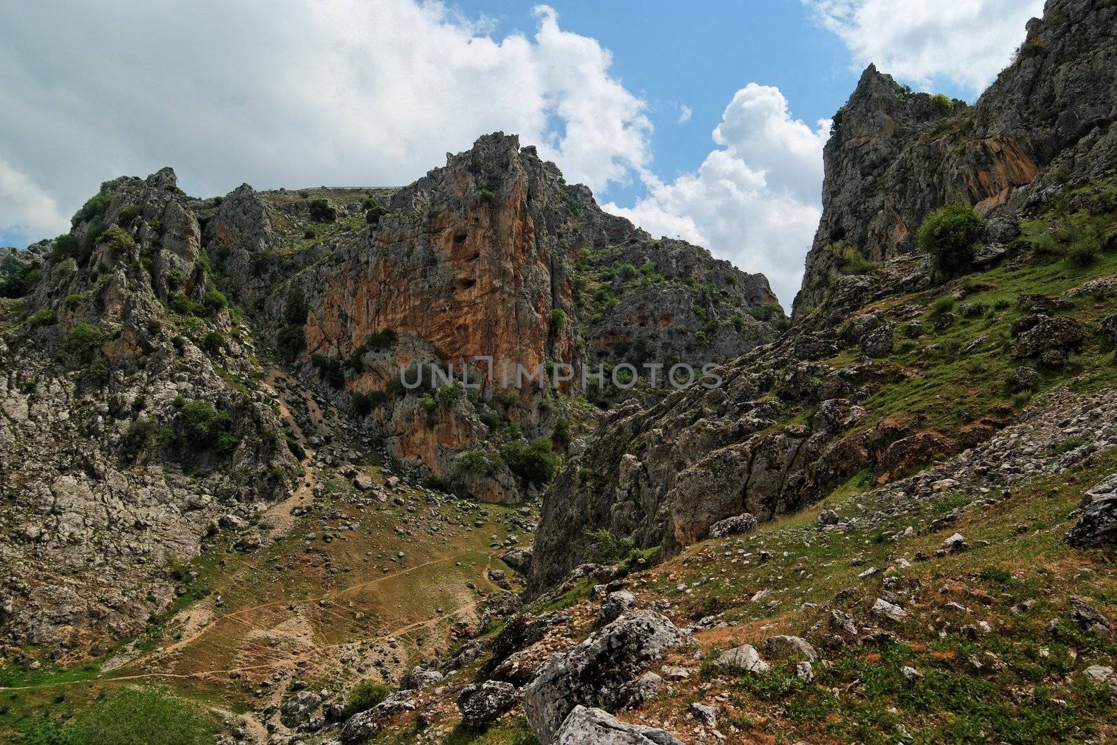 Rocky Mirador de Bailon gorge near Zuheros  in Spain on cloudy day