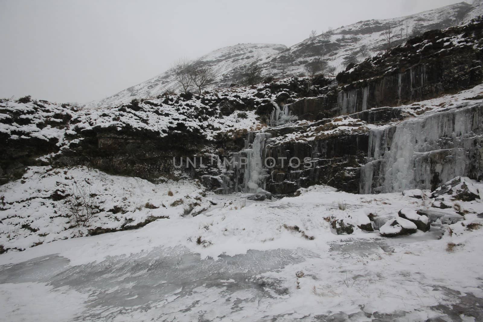 Snowey frozen waterfall in Wales at Christmas