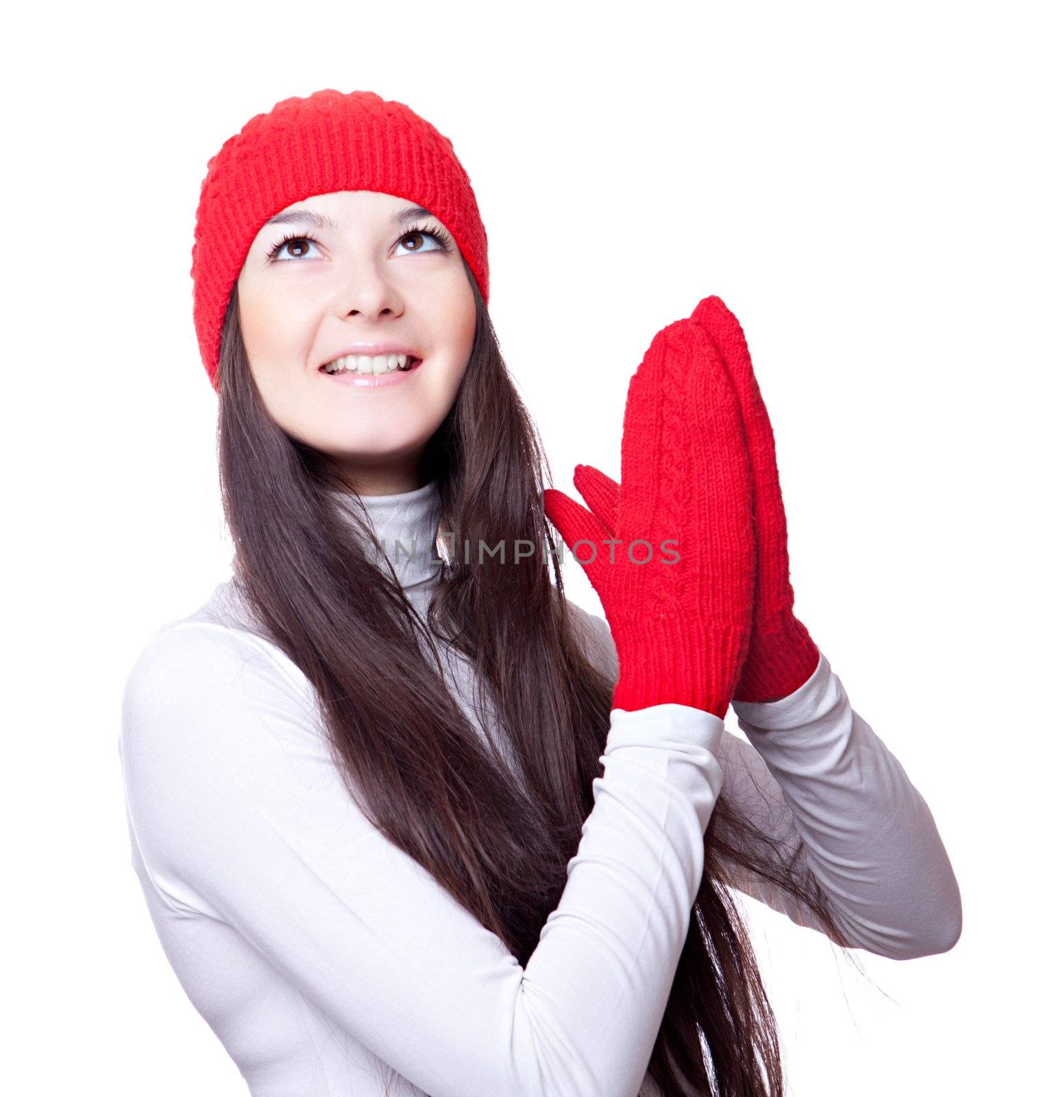 woman in  red cap and mittens rejoices by nigerfoxy