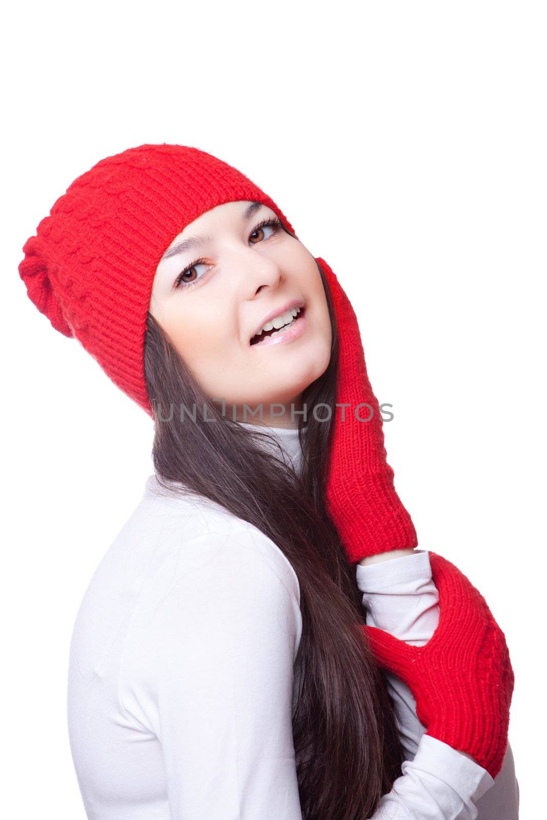 beauty woman in a red cap isolated on white background