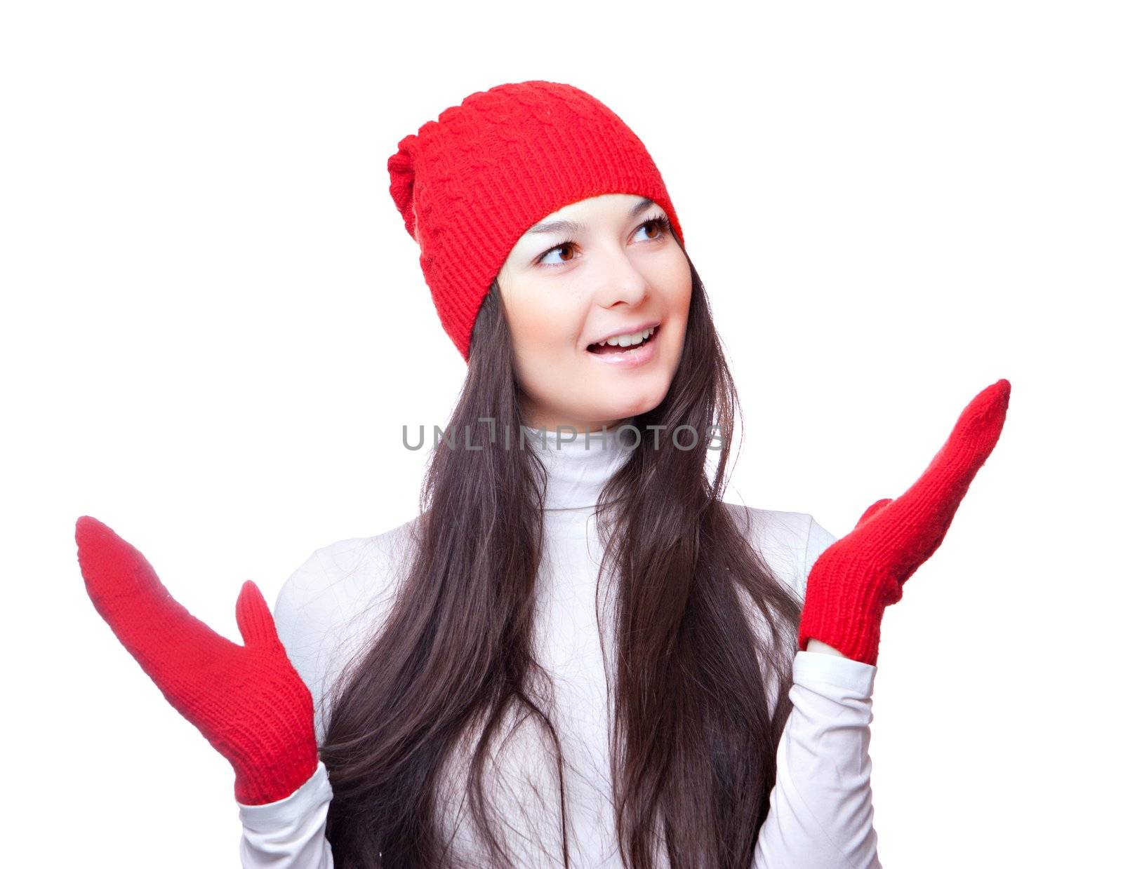 Christmas woman smiles and waved hands isolated