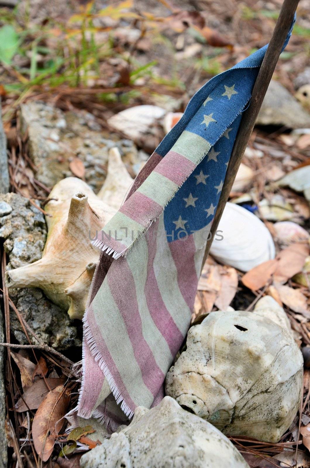 An old American flag faded and in the ground as a grave marker.