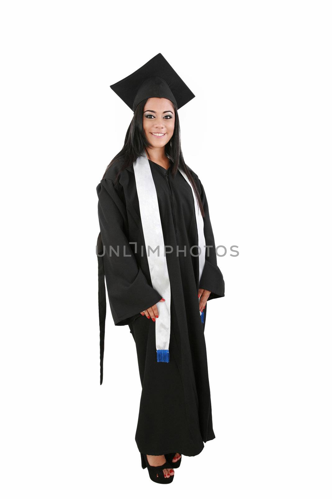 Female graduate smiling isolated over a white background