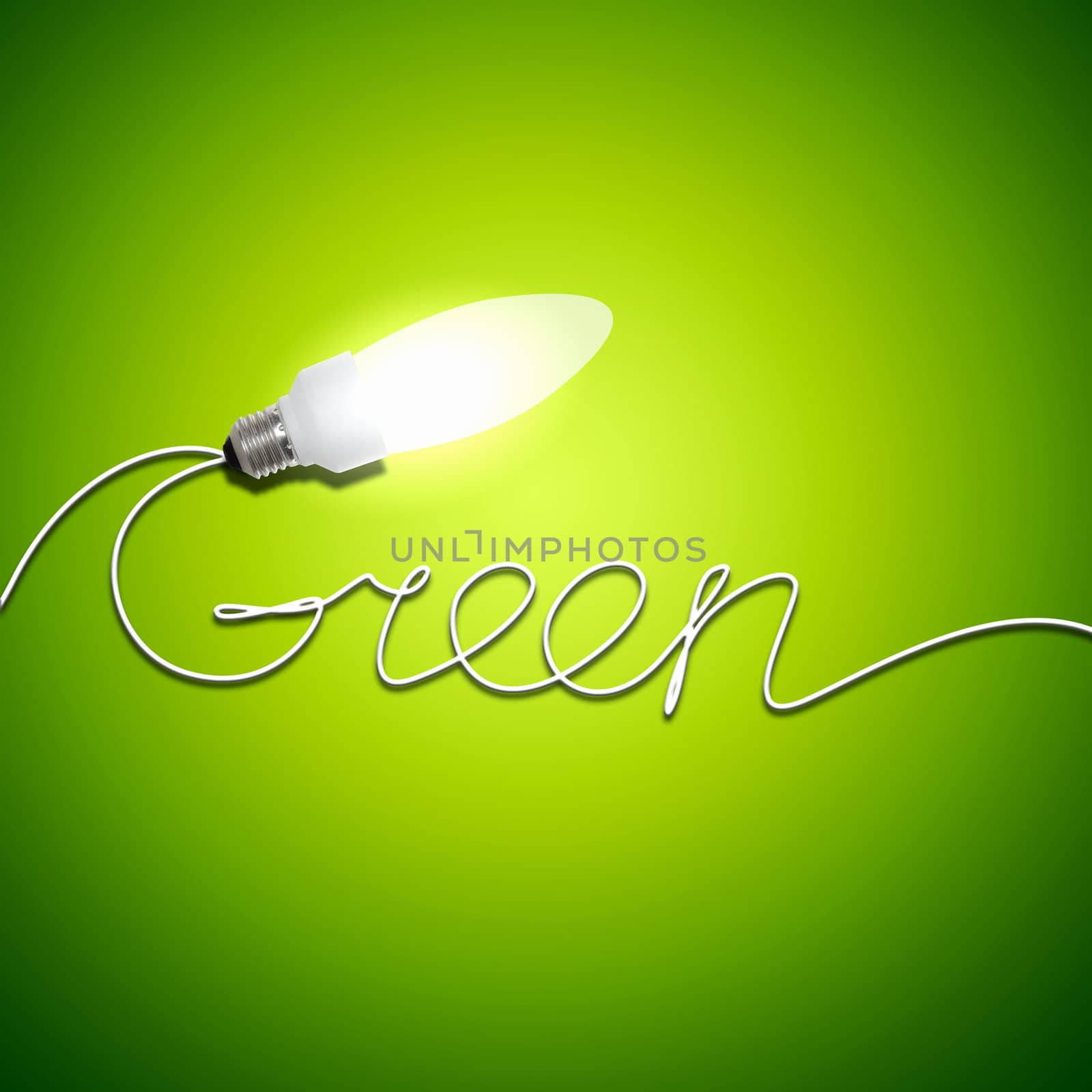 Illustration of an electric light bulb with a word Green. Conceptual illustration