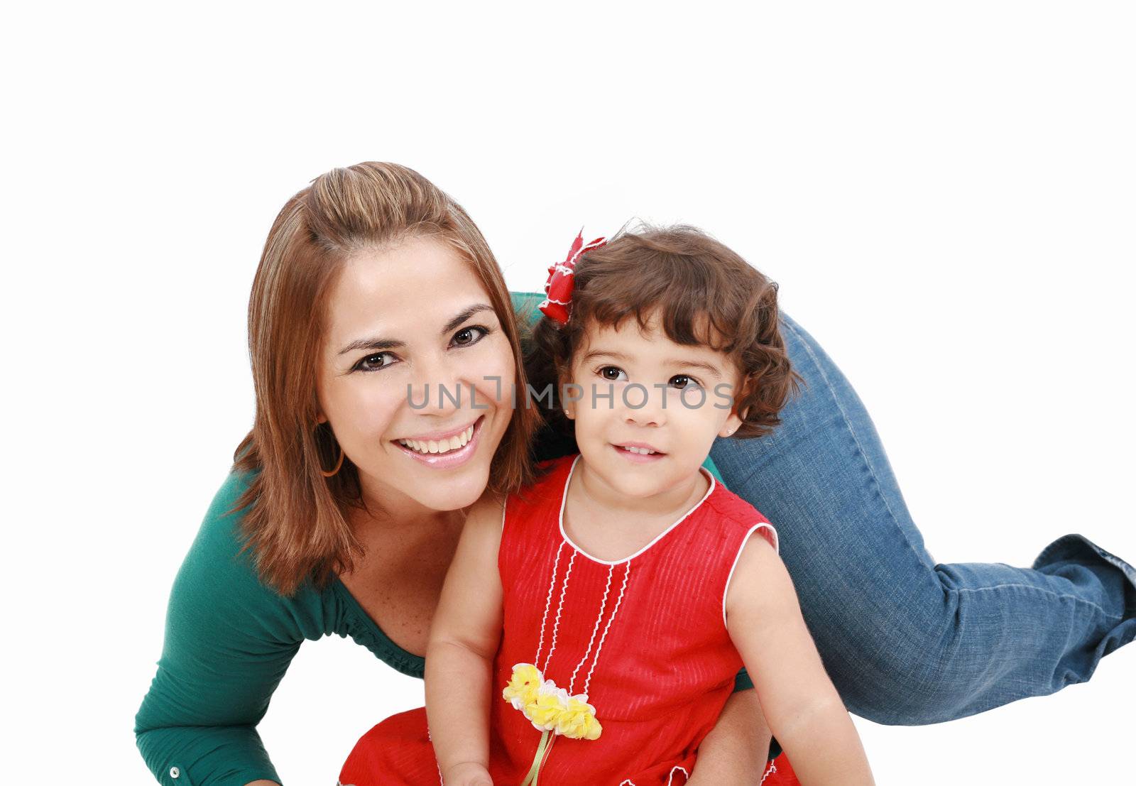 mom hugging with a small, beautiful child isolated on white background