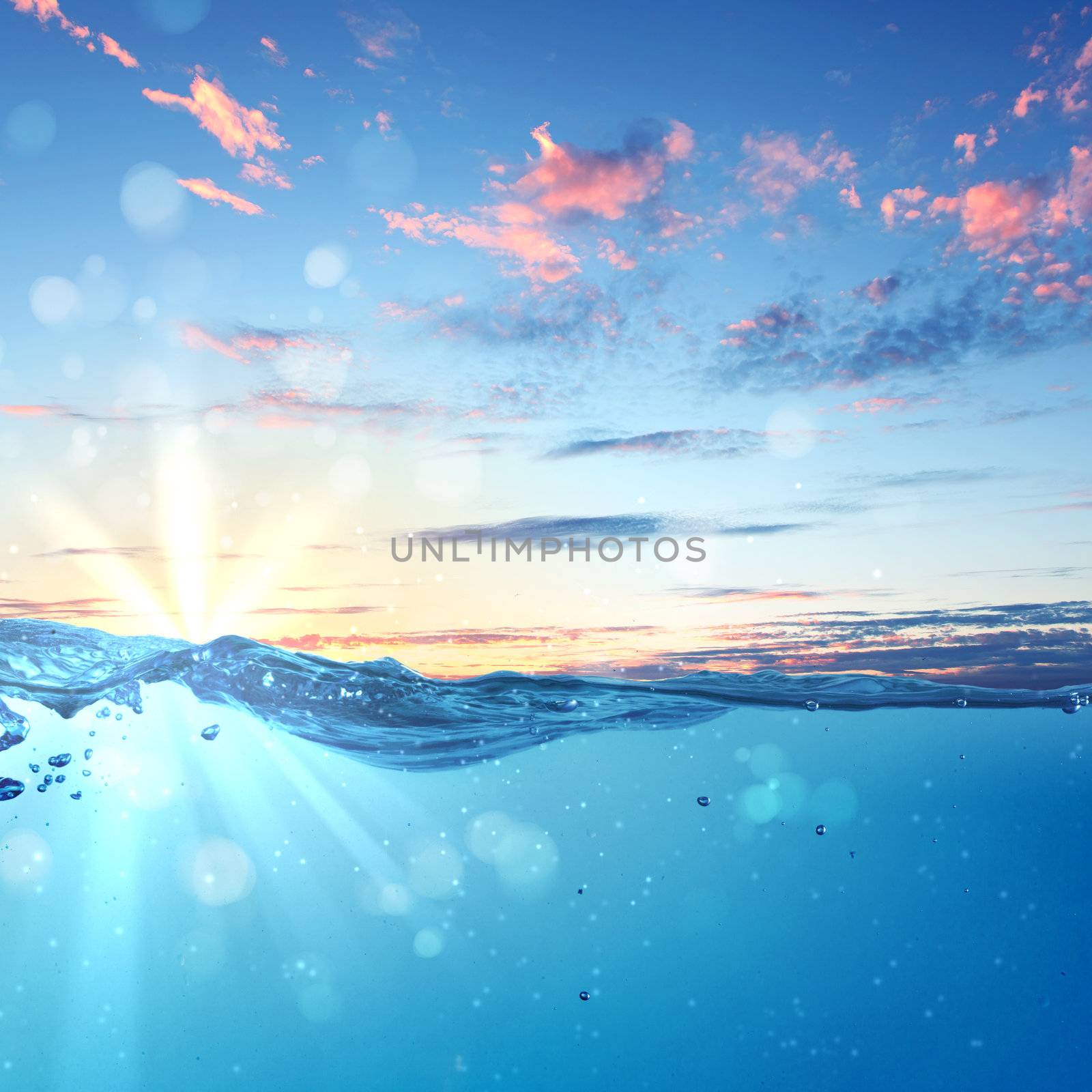 design template with underwater part and sunset skylight splitted by waterline