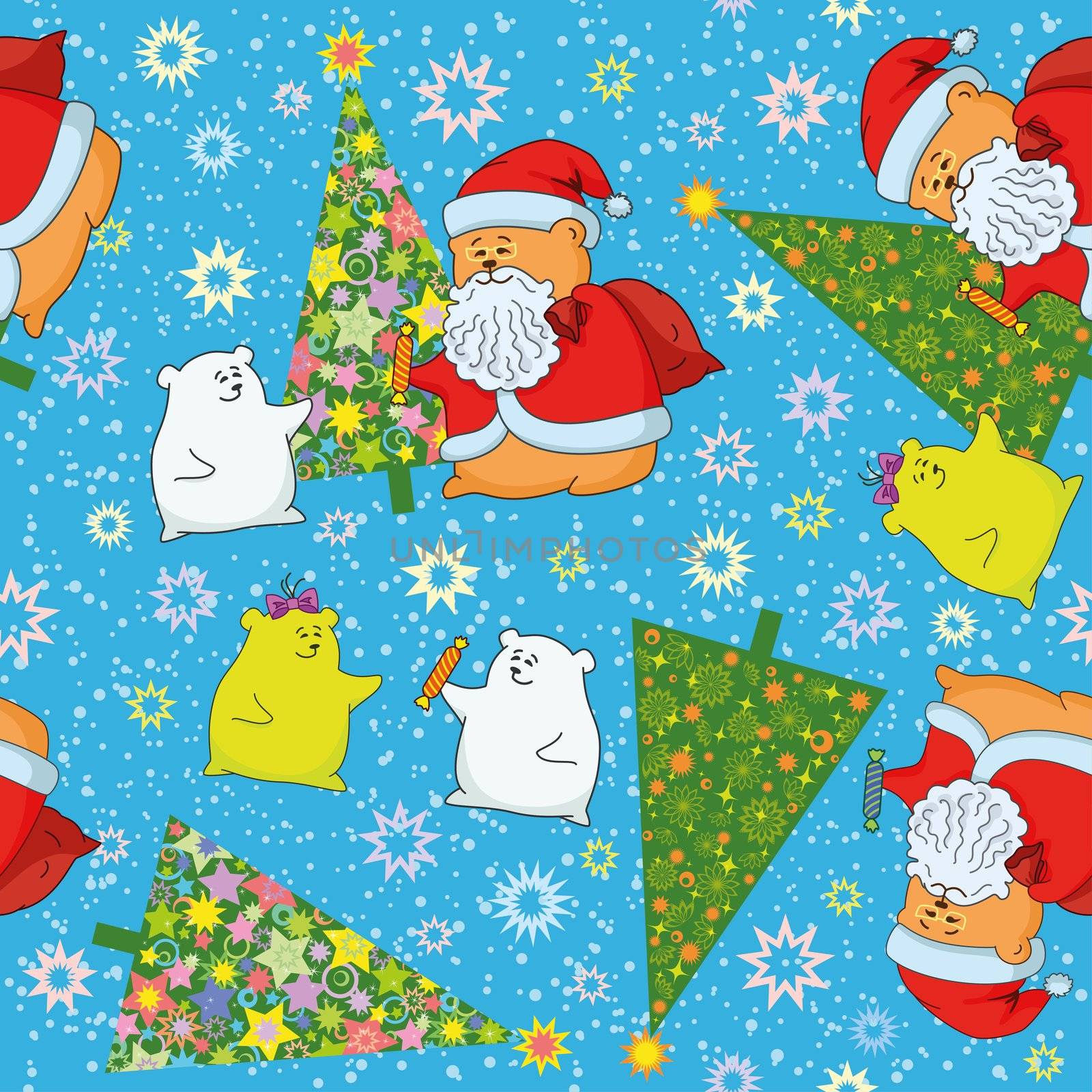 Christmas cartoon seamless background for holiday design with toys characters