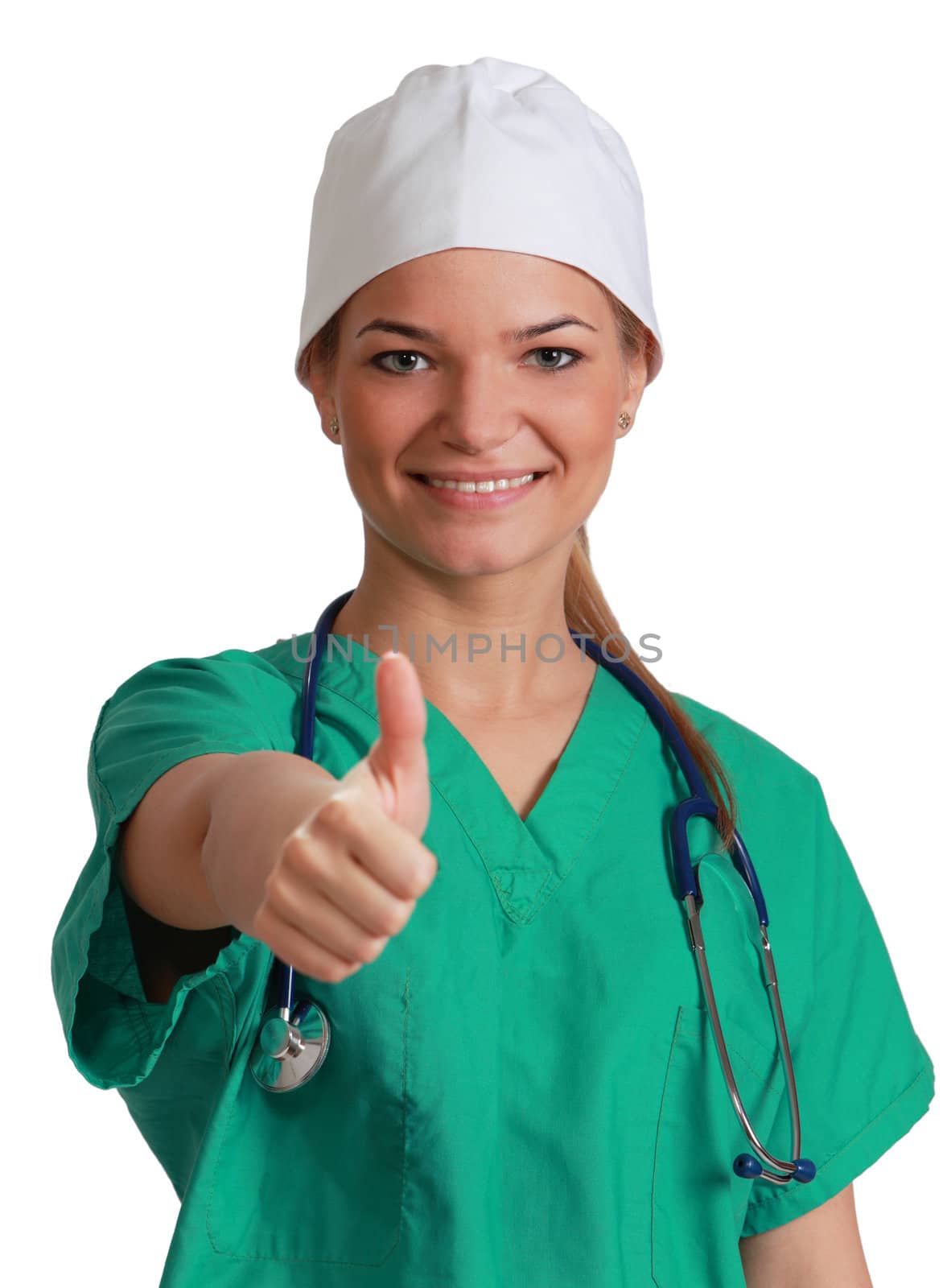 Portrait of a smiling young woman doctor with her right thumb up, isolated against a white background.