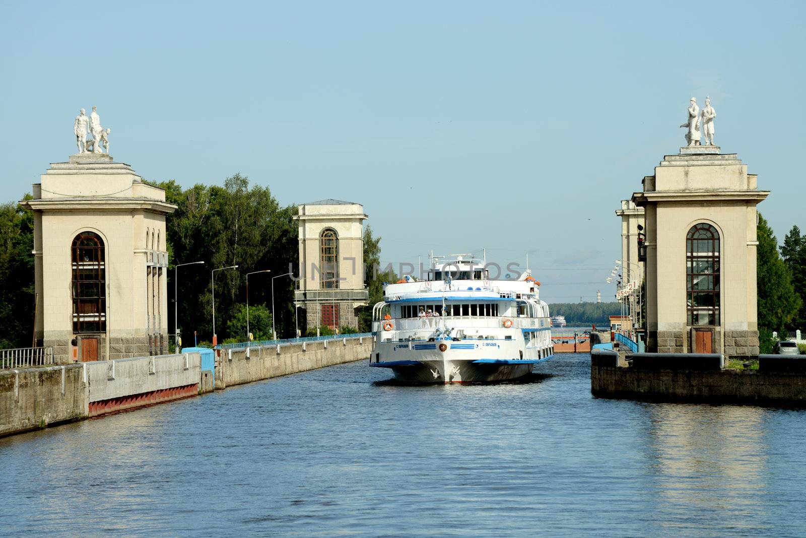 River cruise ship in the lock of Moscow canal, Russia. Taken on July 2012.