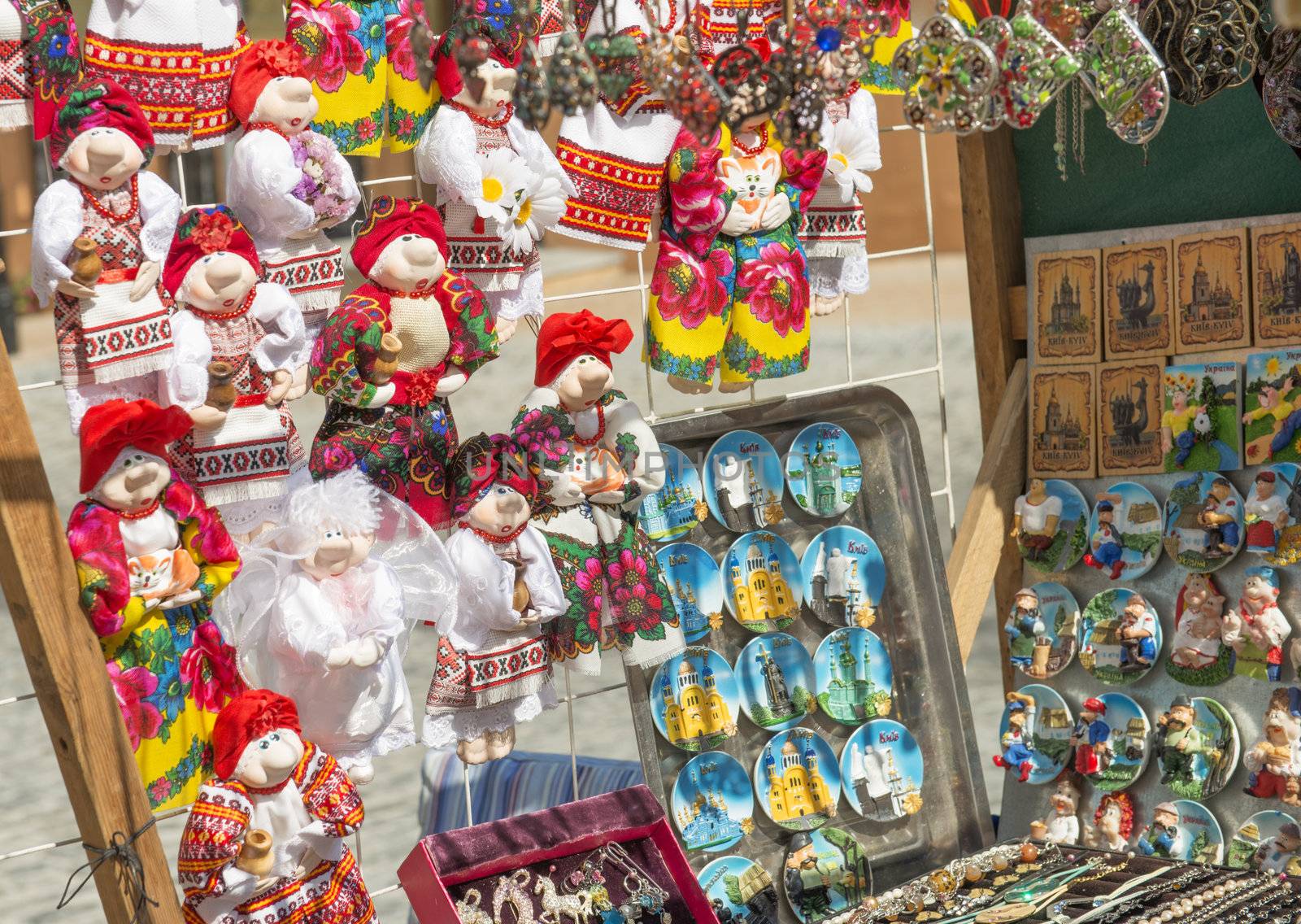 The traditional ukrainan souvenirs in the gift shop in Kiev. Taken on August 2012.