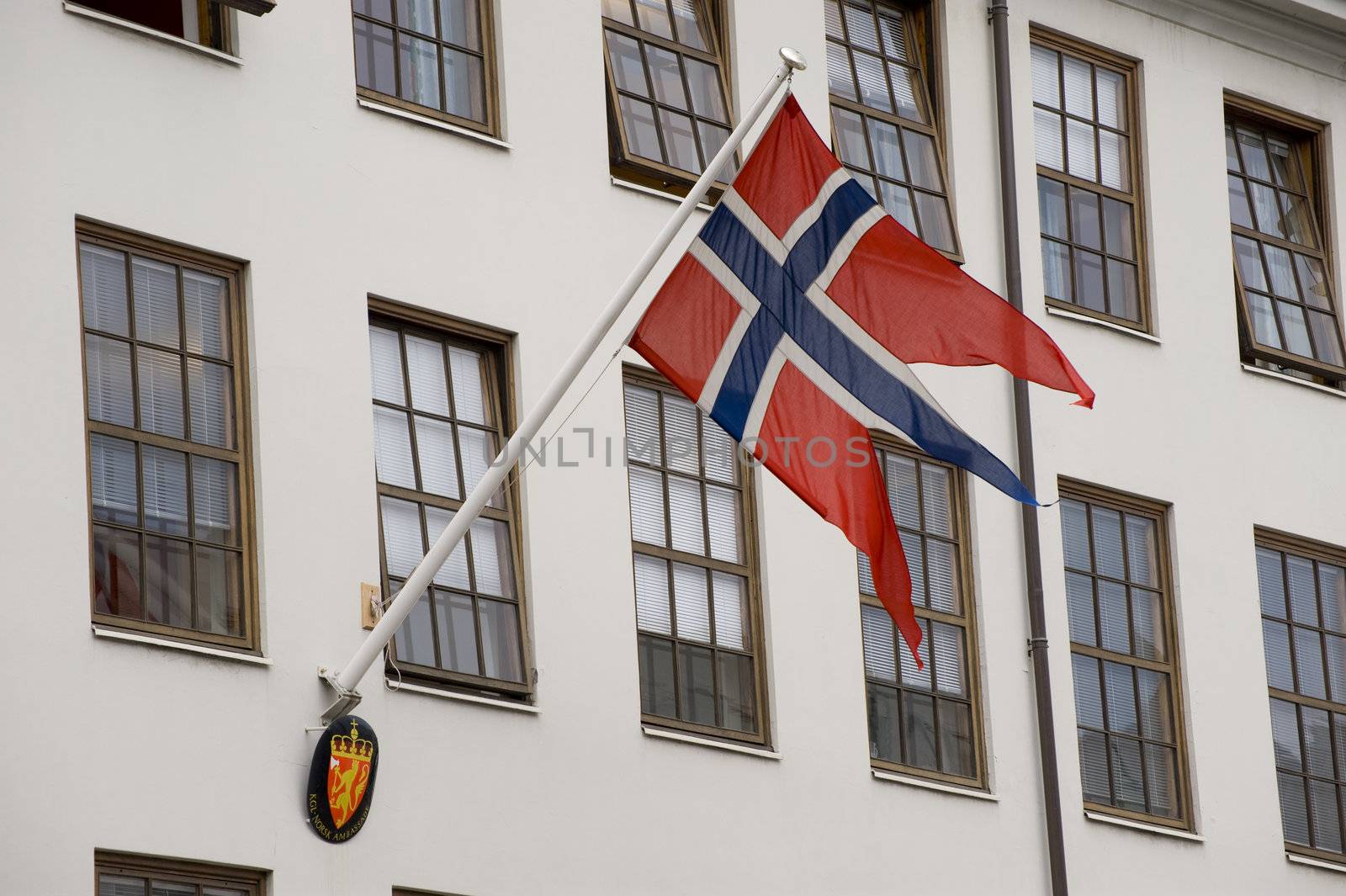 Norwegian flag on the  Embassy of Norway in Copenhagen, Denmark. 
