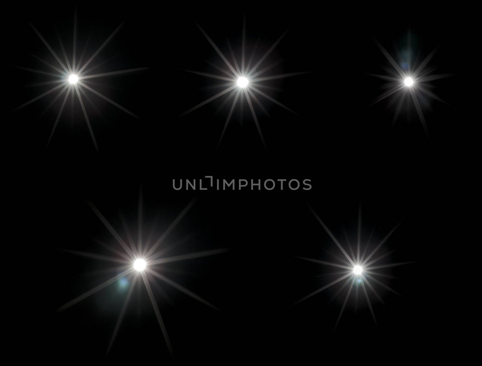 A Set of five real lens flares on black background. Round light source and small aperture.