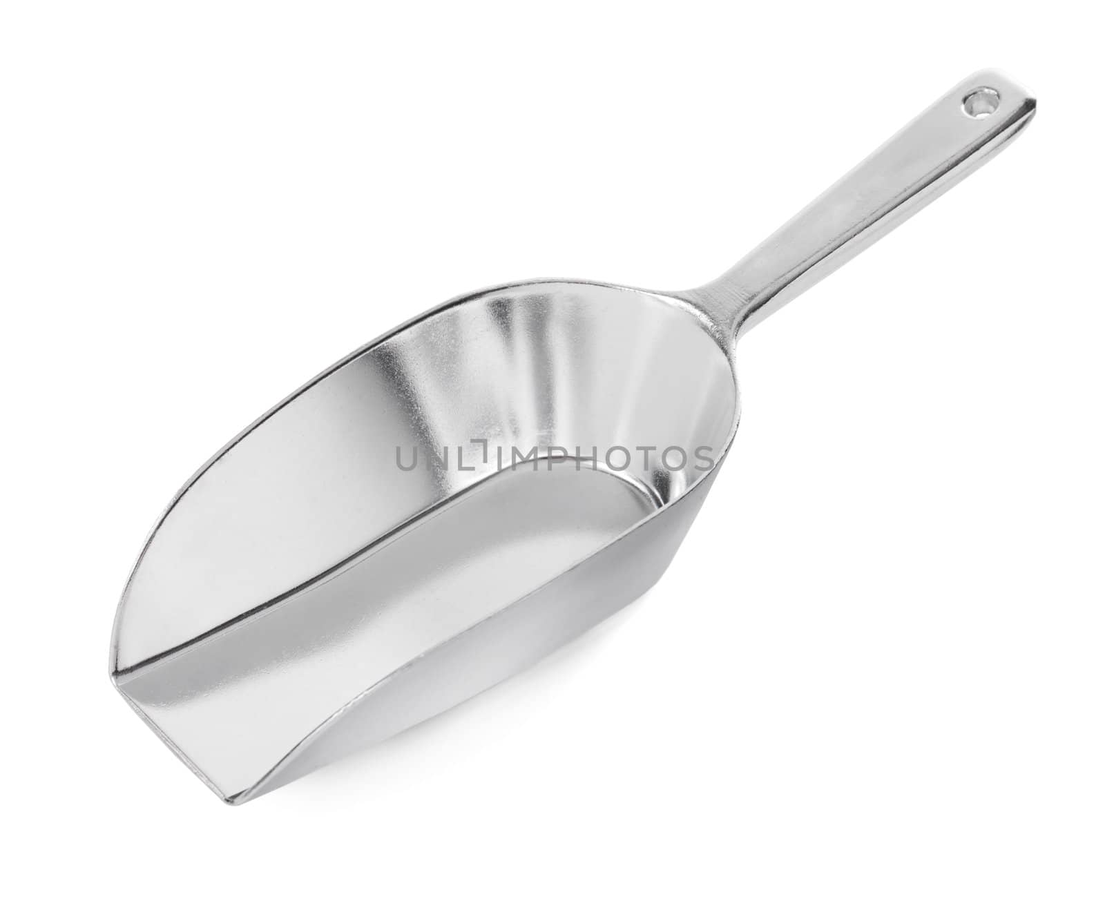 Aluminum transfer scoop used in cooking, isolated on white with natural shadow.