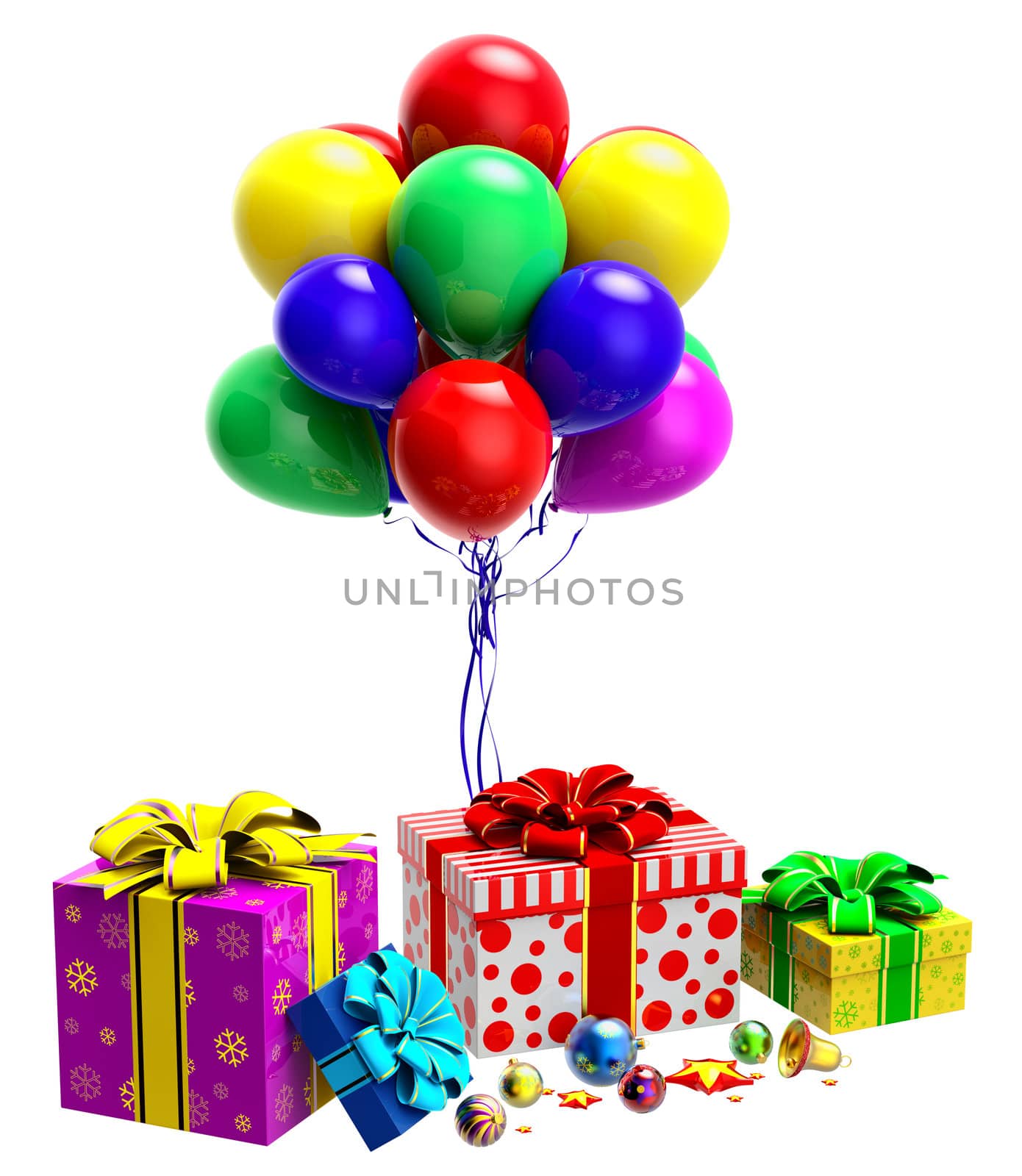 Christmas tree toys and set of pink, yellow, green and blue boxes ornamented with the snowflakes and decorated by bows and bunch of balloons as gifts