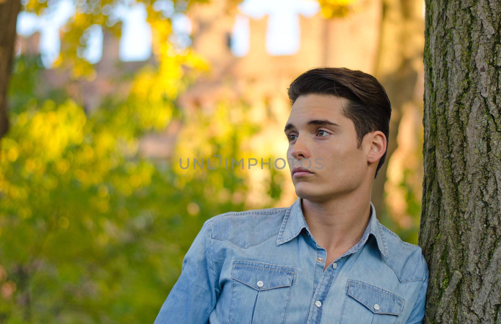 Attractive young male model outdoors in nature leaning on tree