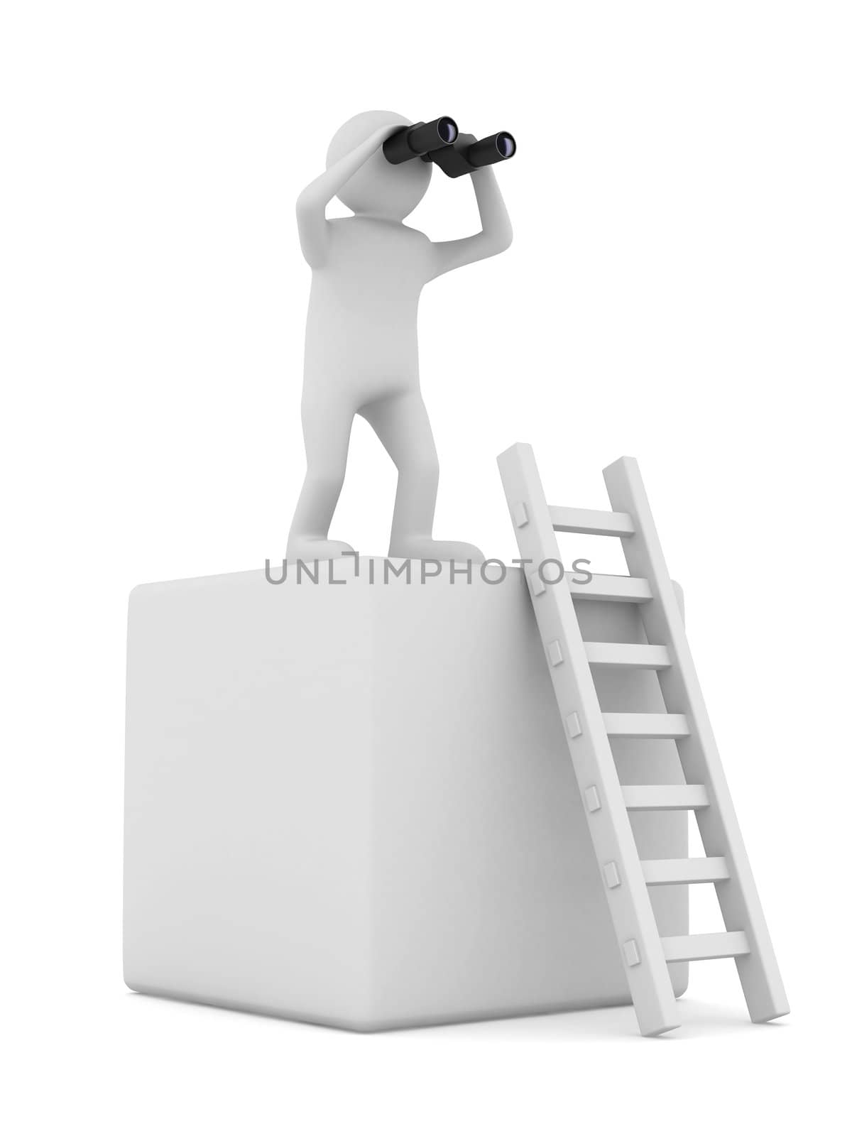 man on box and staircase. Isolated 3D image by ISerg