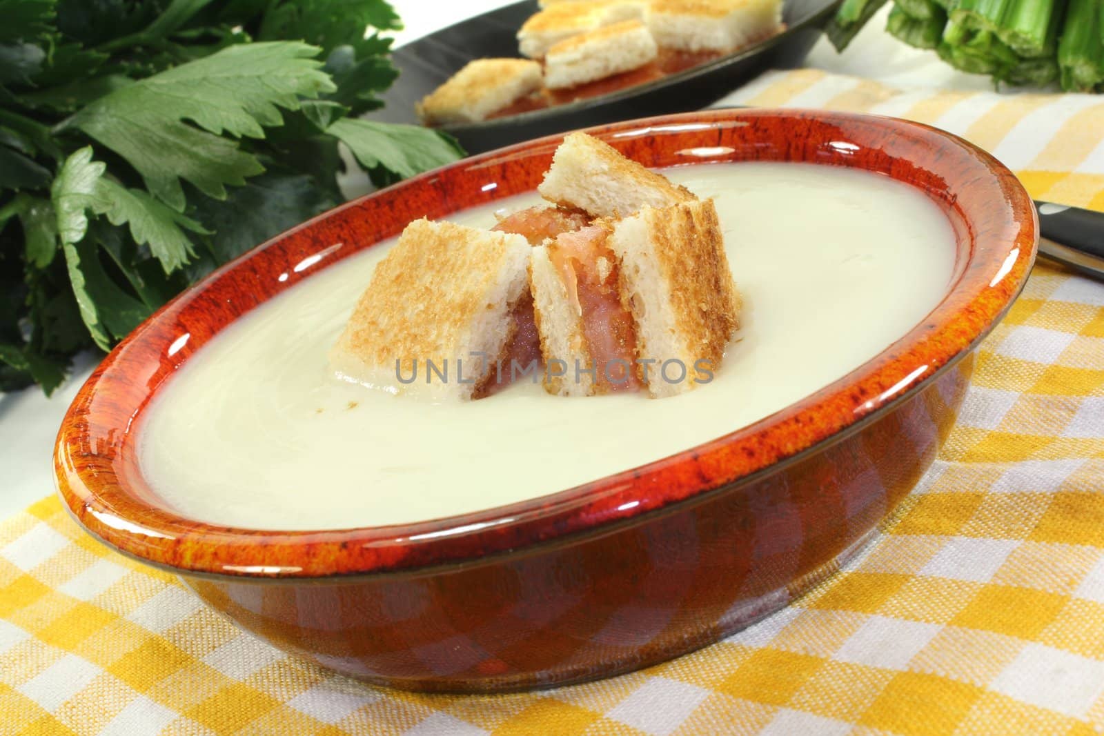 fresh Cream of celery soup with salmon croutons on a checkered napkin before light background