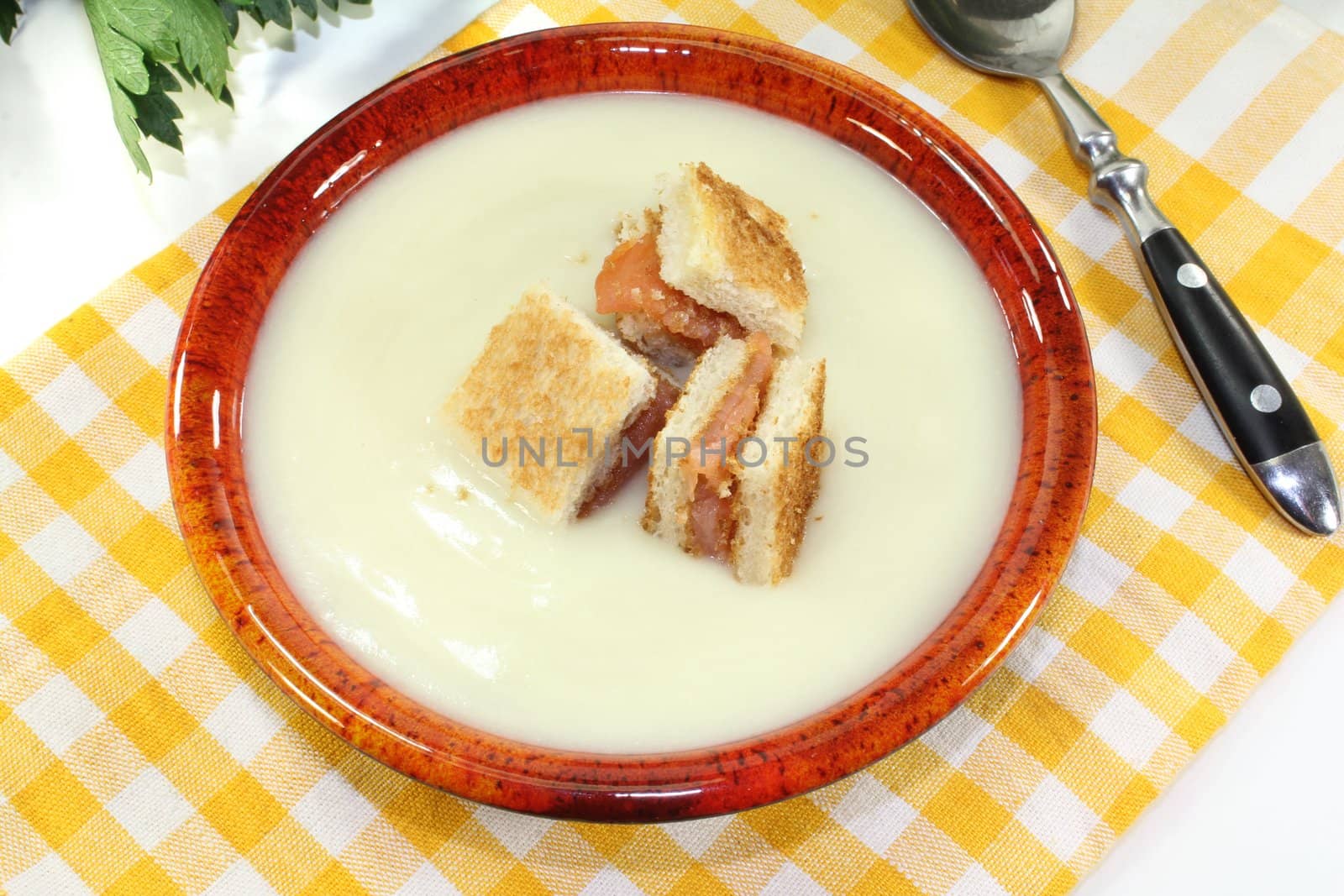 Cream of celery soup with salmon croutons on a checkered napkin