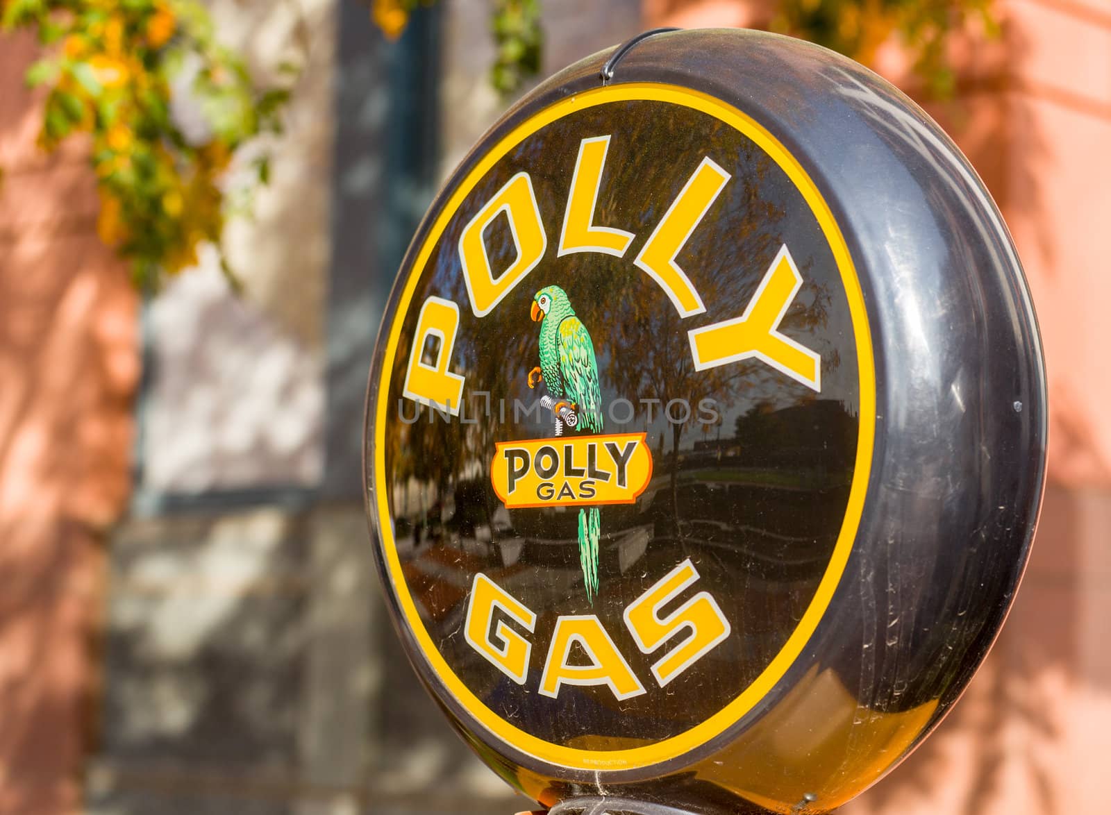WASHINGTON DC - OCTOBER 23: Reflections of the Department of Transportation in DC in Polly Gas display on October 23. 2012. Polly Oil was bought by Wilshire Oil in 1950