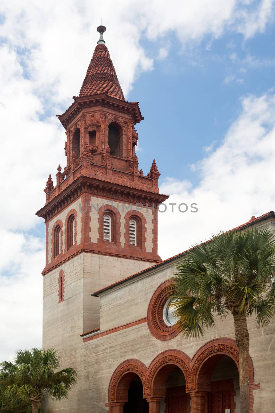 Ornate brick tower of Grace United Methodist Church built Henry Flagler in St Augustine Florida