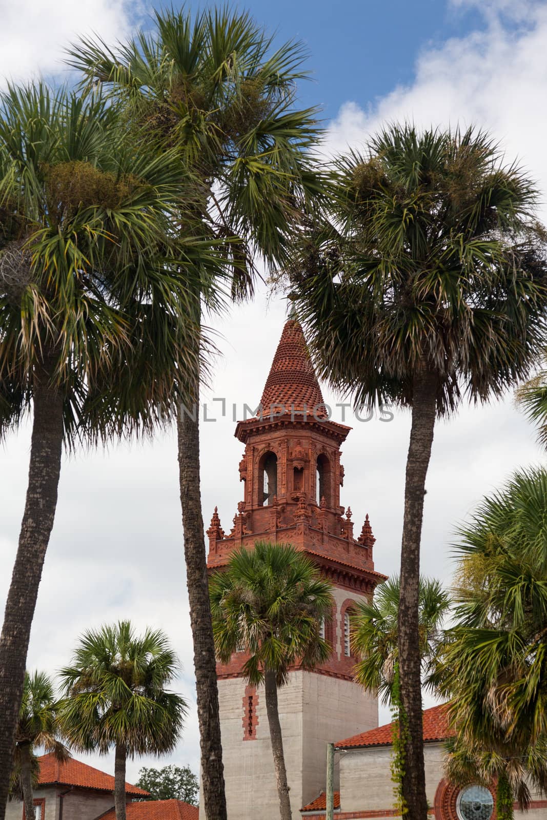 Ornate brick tower of Grace United Methodist Church built Henry Flagler in St Augustine Florida