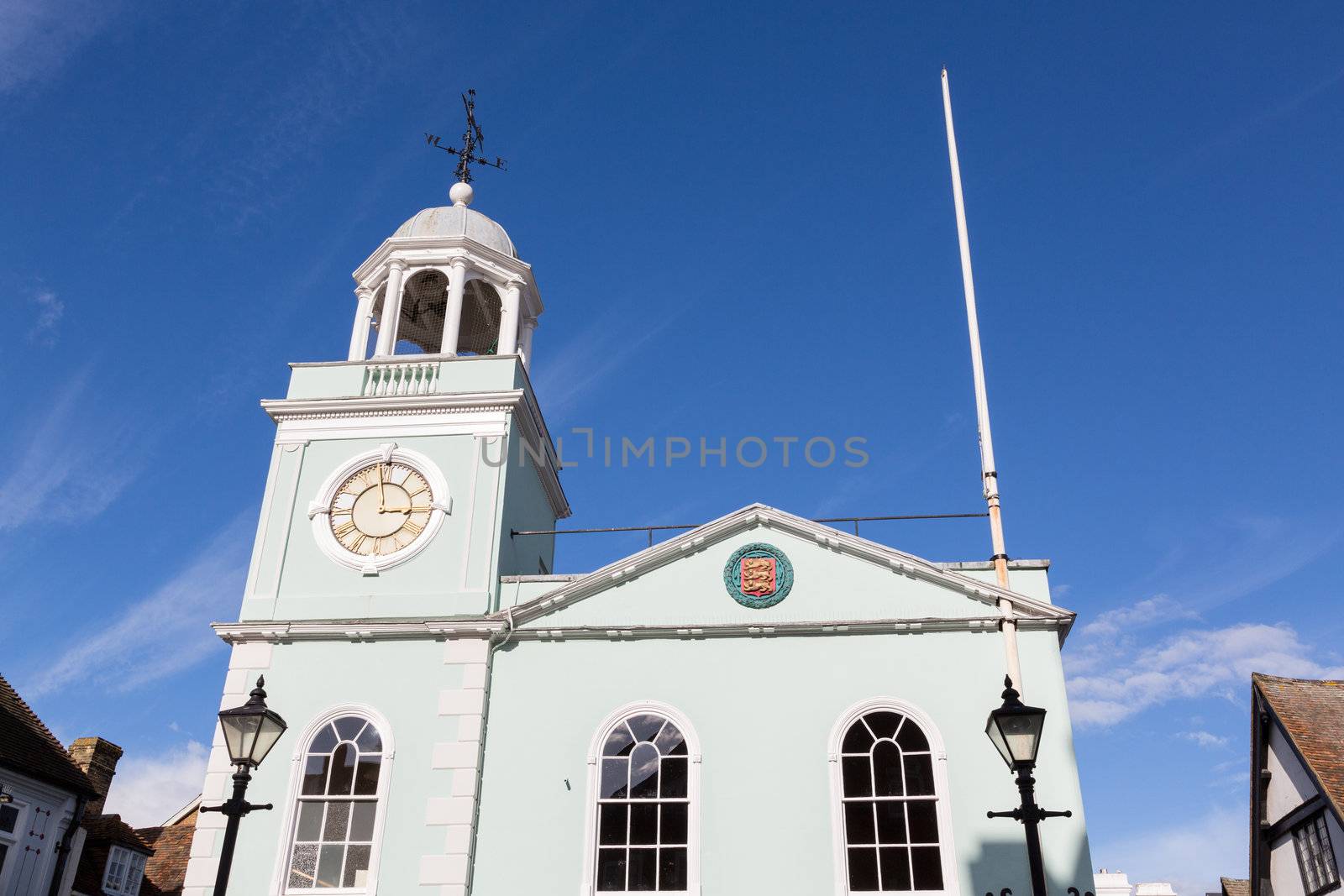 Old Market Hall and town clock in Faversham in Kent in England