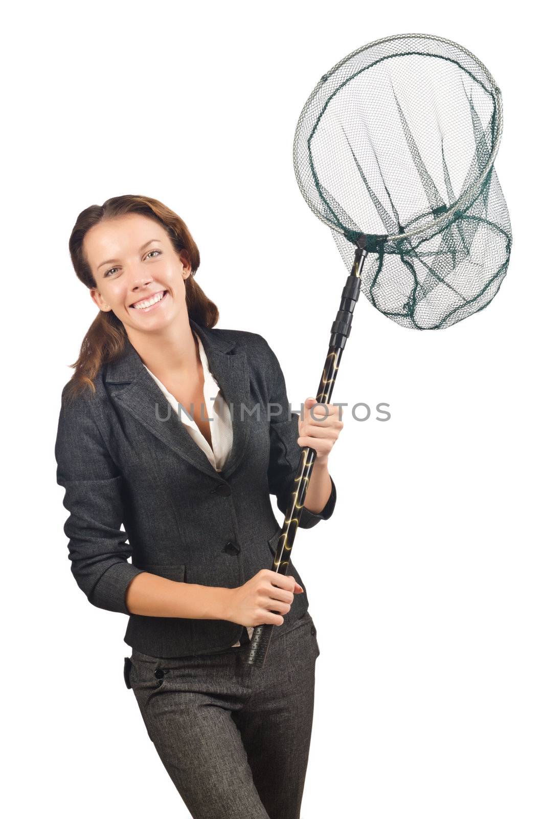 Woman with net isolated on white