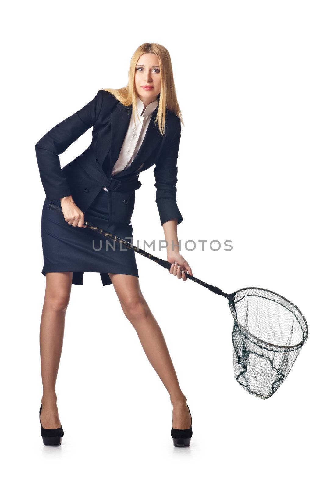 Woman with net isolated on white