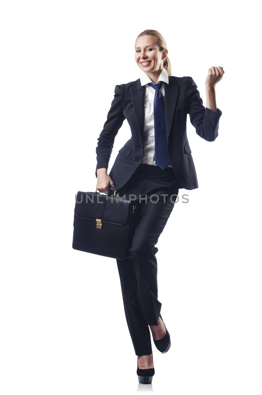 Businesswoman with briefcase on white