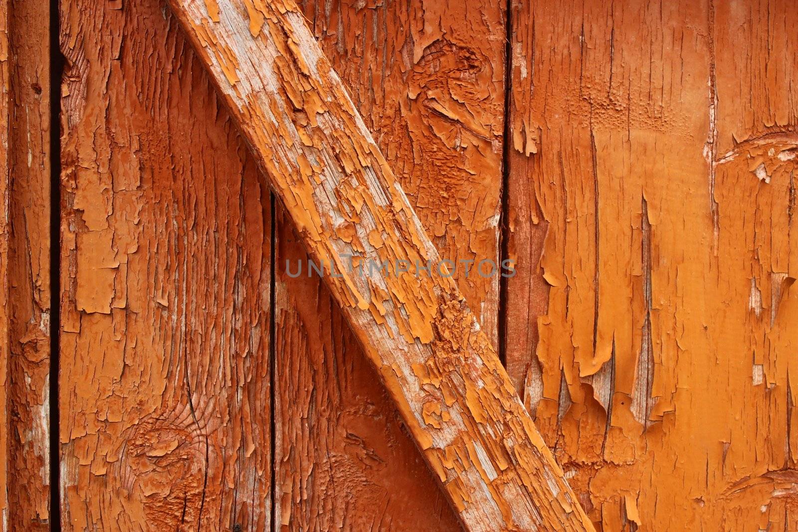 Peeled paint falling off old wooden door