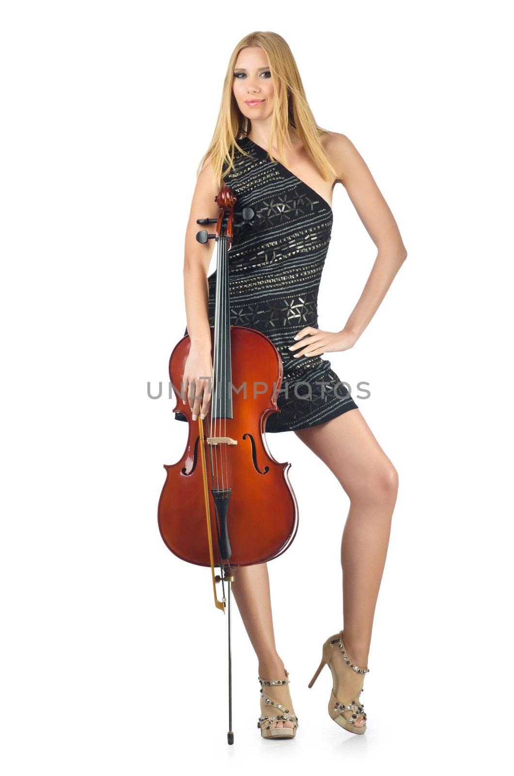 Woman performer with cello on white