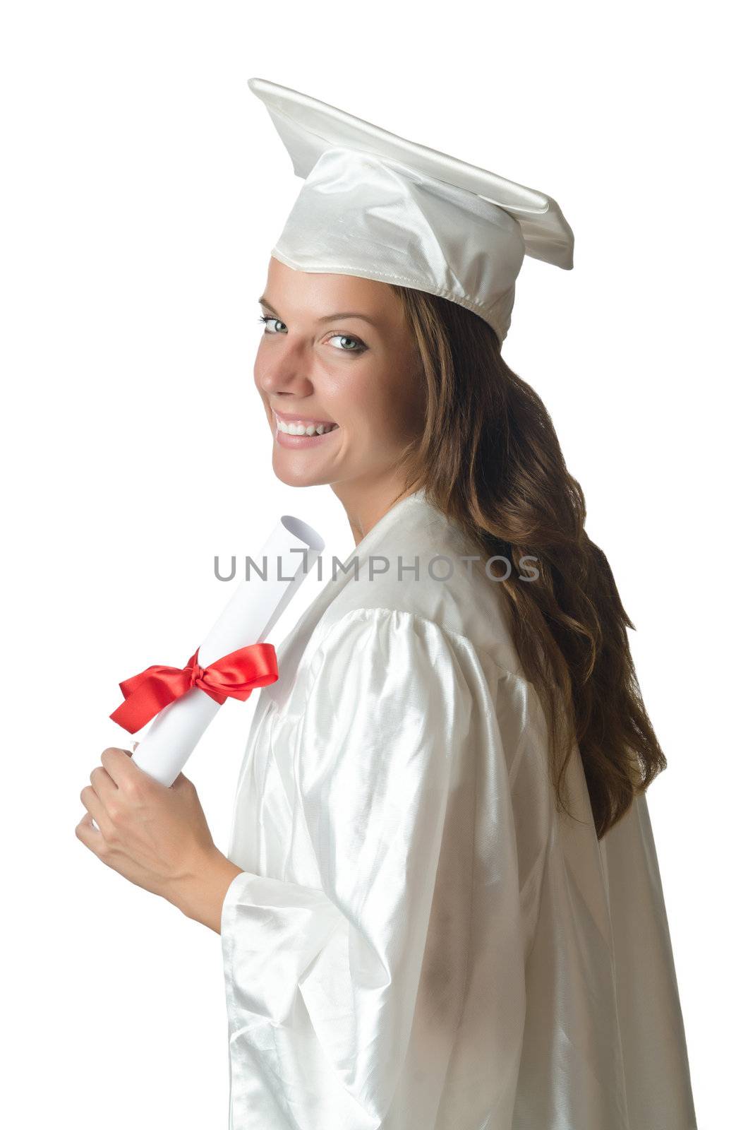 Young student with diploma on white