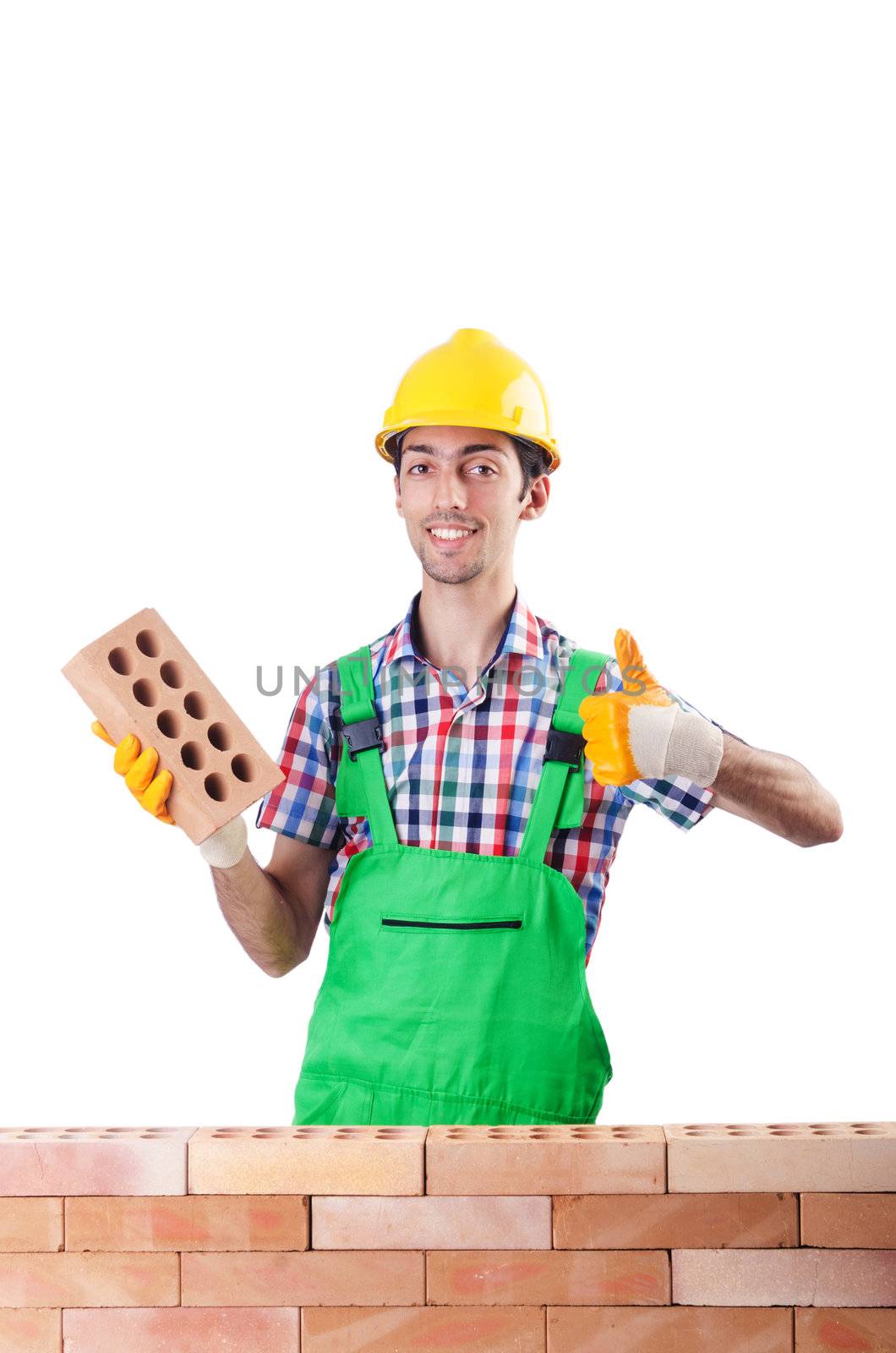 Builder with hard hat on white