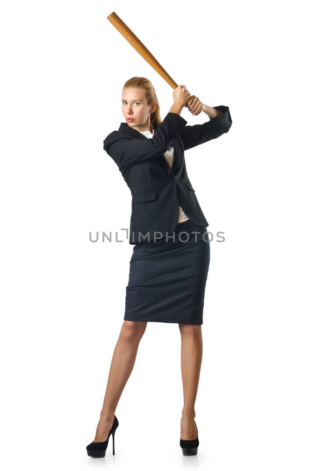Businesswoman with baseball bat on white