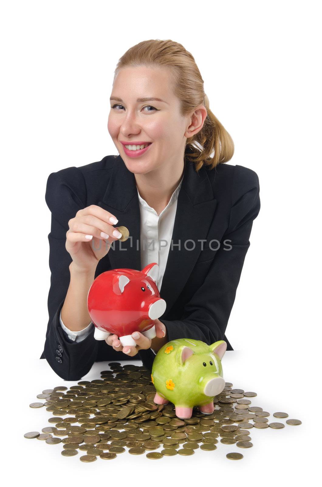 Woman breaking piggy bank for savings