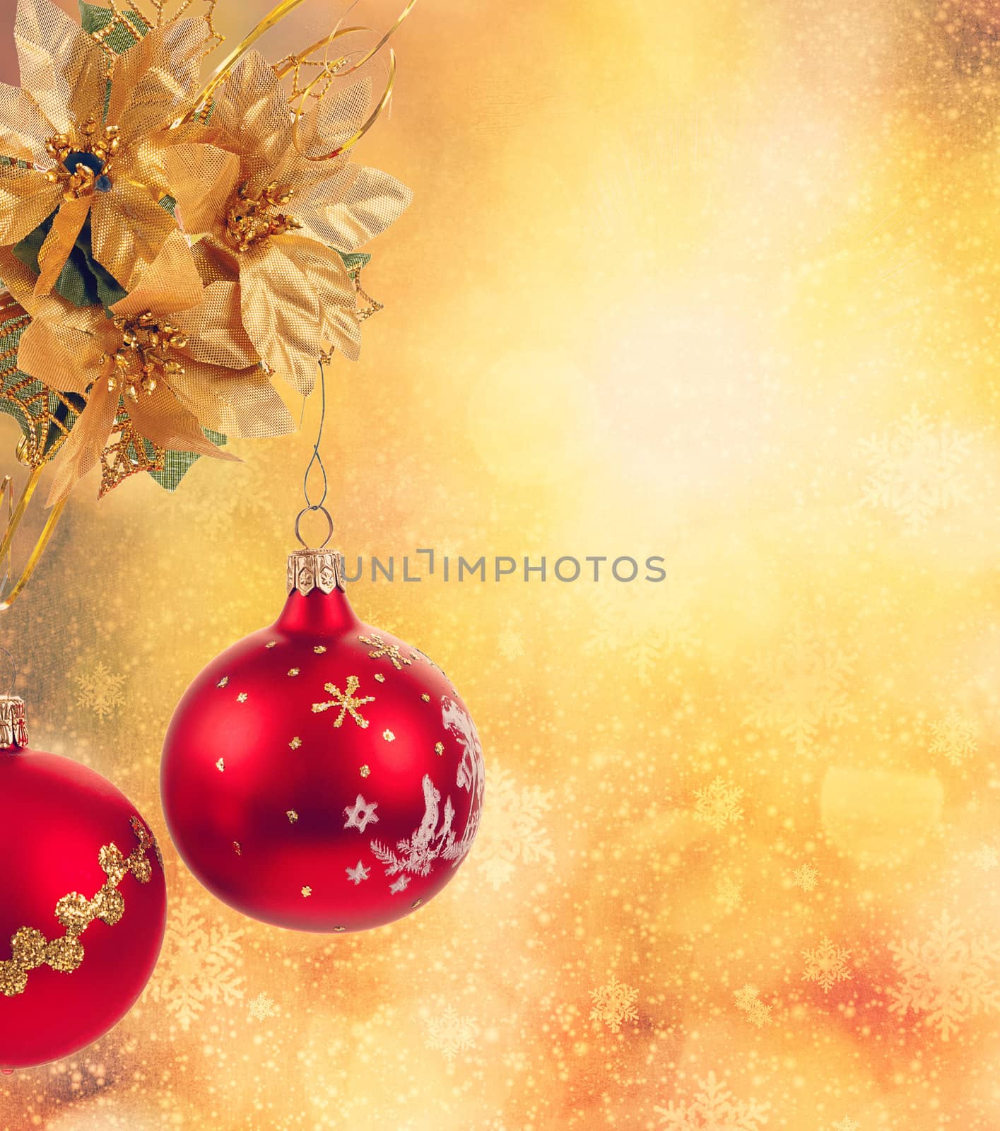 golden christmas background with red balls and snowflakes