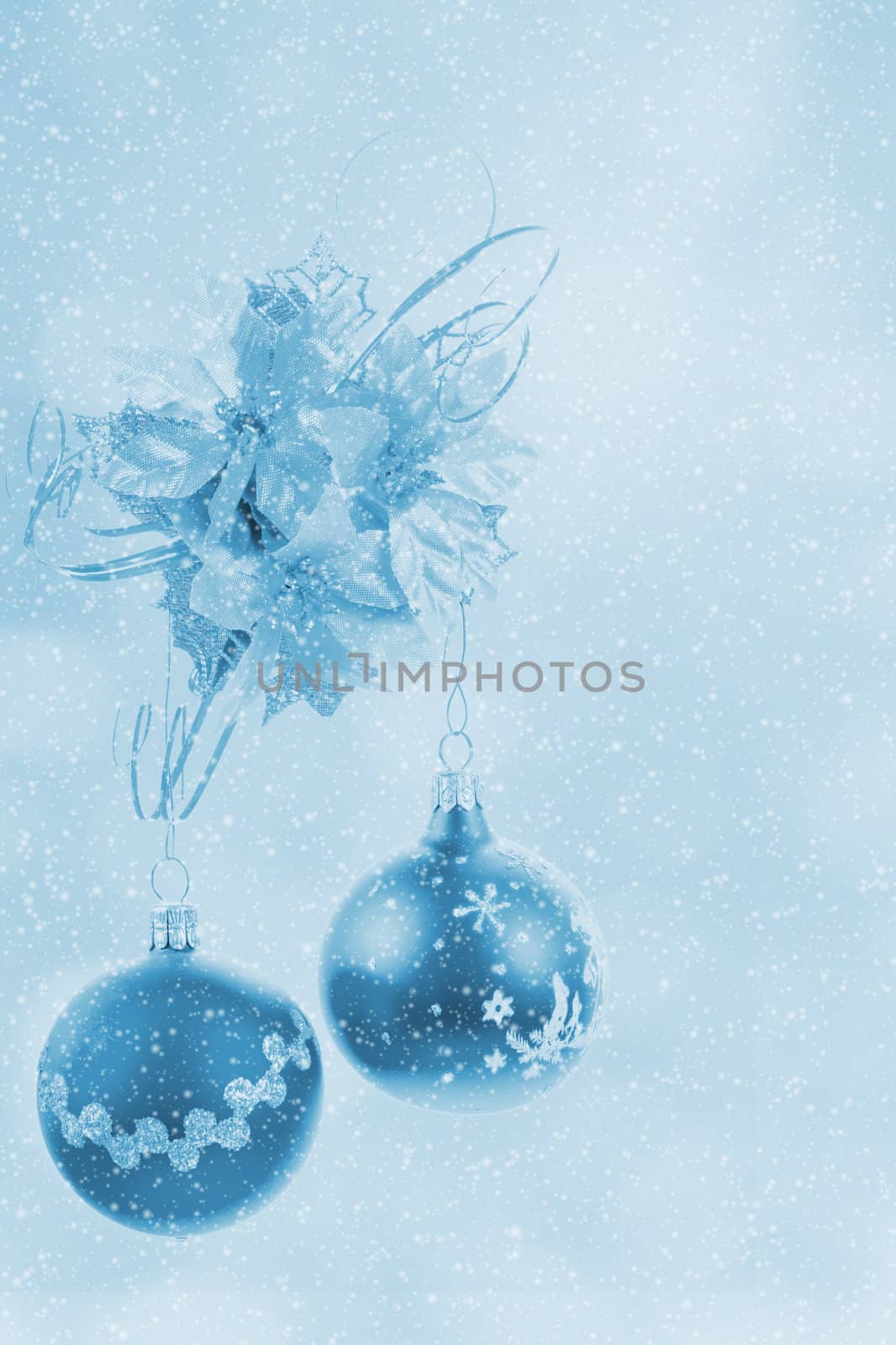 Blue christmas balls background with snowflakes